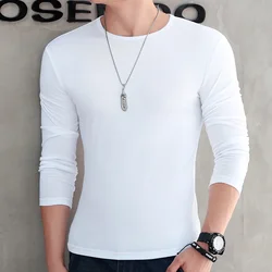 Men T-shirt Long Sleeve Solid Color Bottoming Shirts O-neck Pullover Tops Slim Fit Spring Autumn White Black Oversize Tees