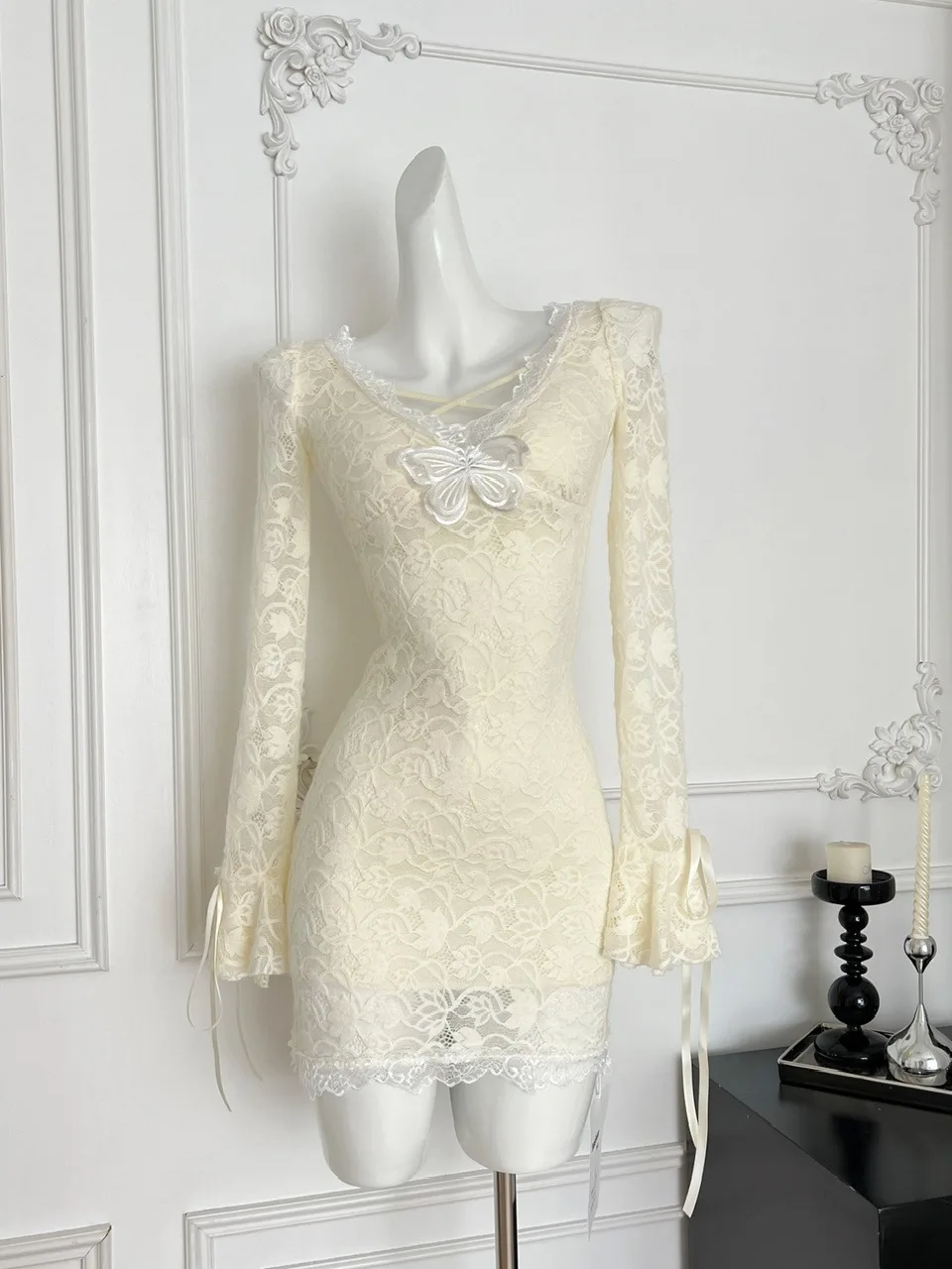 

Ele V-Ne Lace Tight Fit Wrap around Skirt Dr Women's White Slimming Dr Pure Desire Sle Long Sve Ball Gown