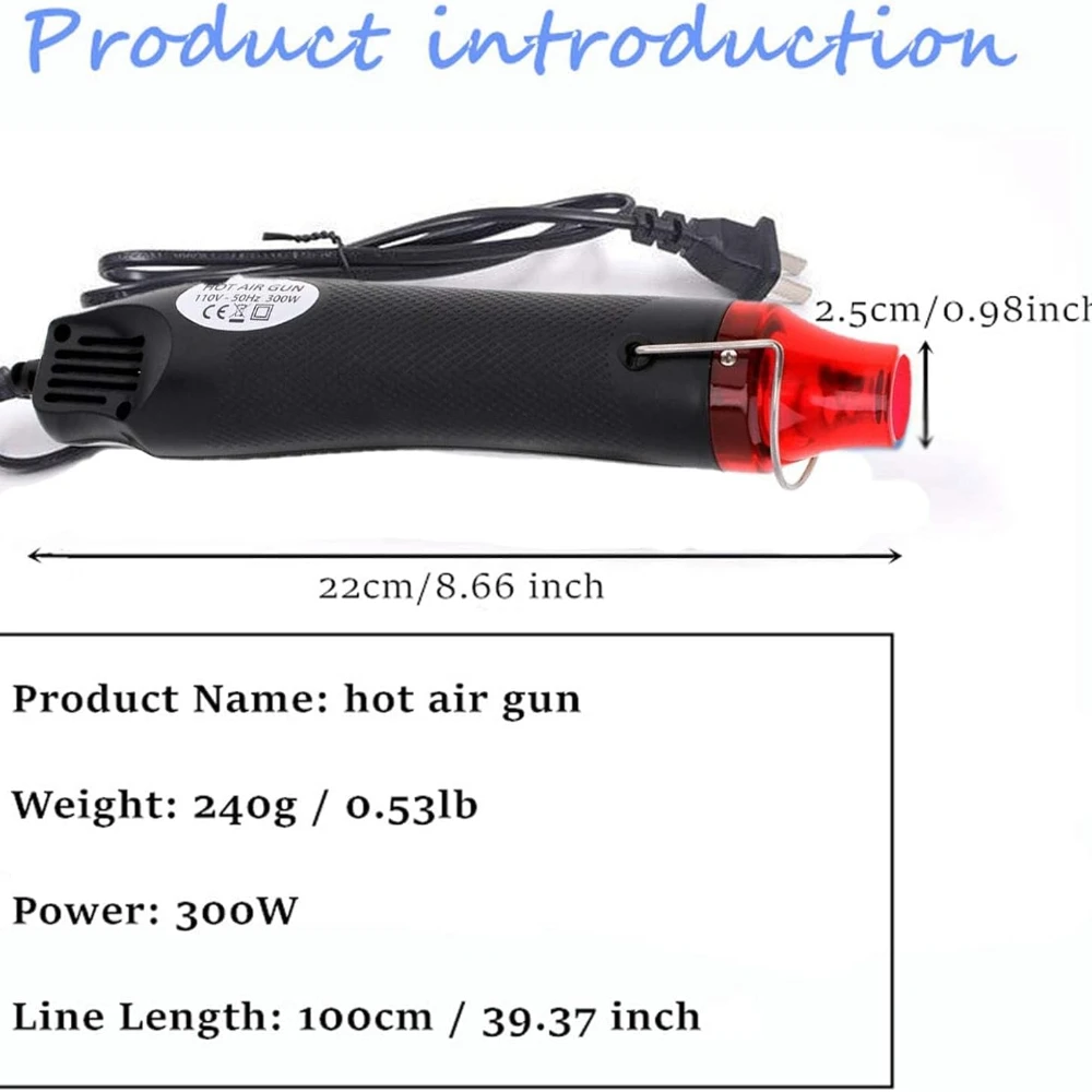 Mini Heat Gun for Epoxy Resin 300W Portable Handheld Black Hot Air Gun for Crafts Embossing Clay Rubber Stamp DIY Heat Tools