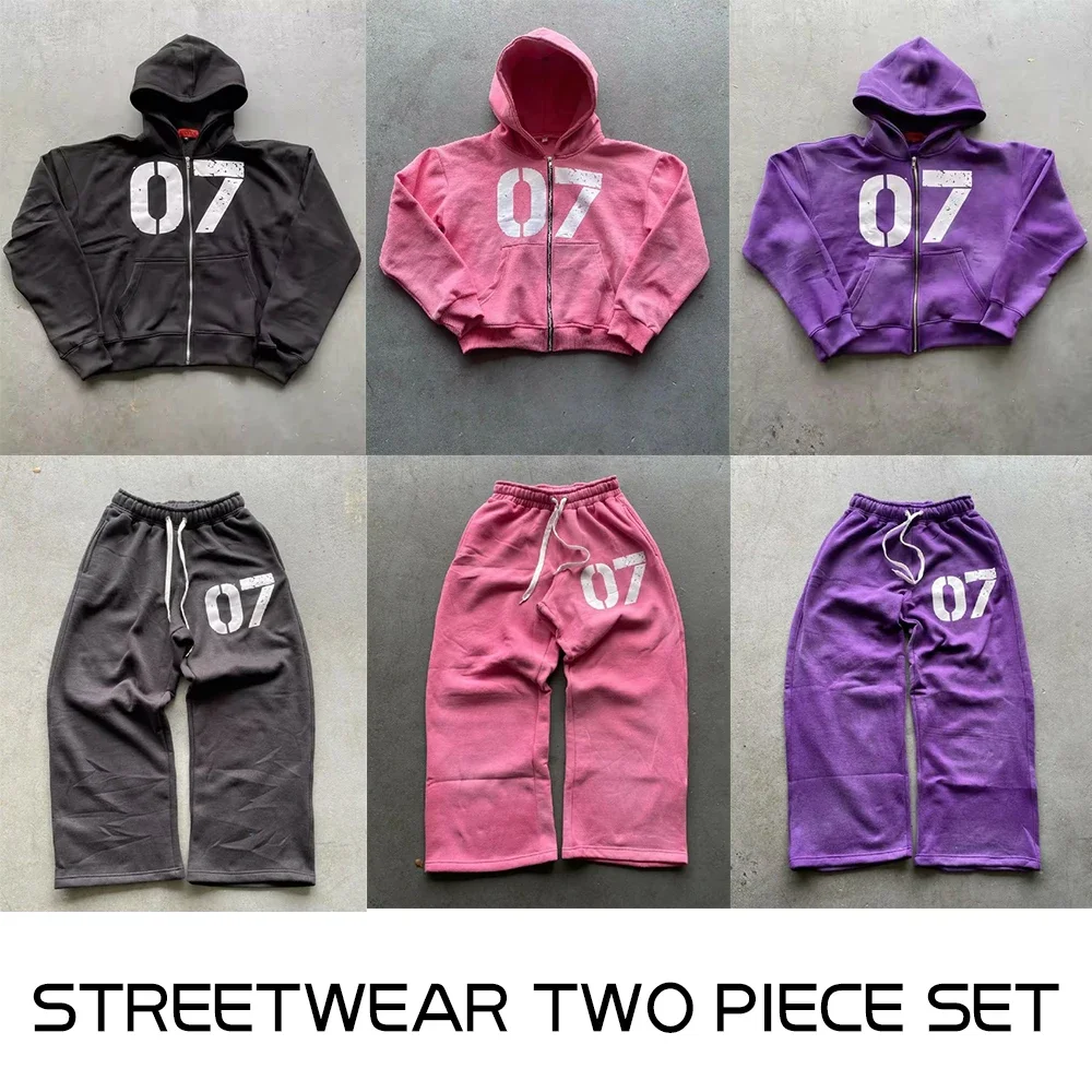 American Hip Hop Streetwear Zip Hoodie Sweatpants Suit Y2K Clothes Men Clothes Two Piece Set Print Sweatshirt Casual Pants Suit