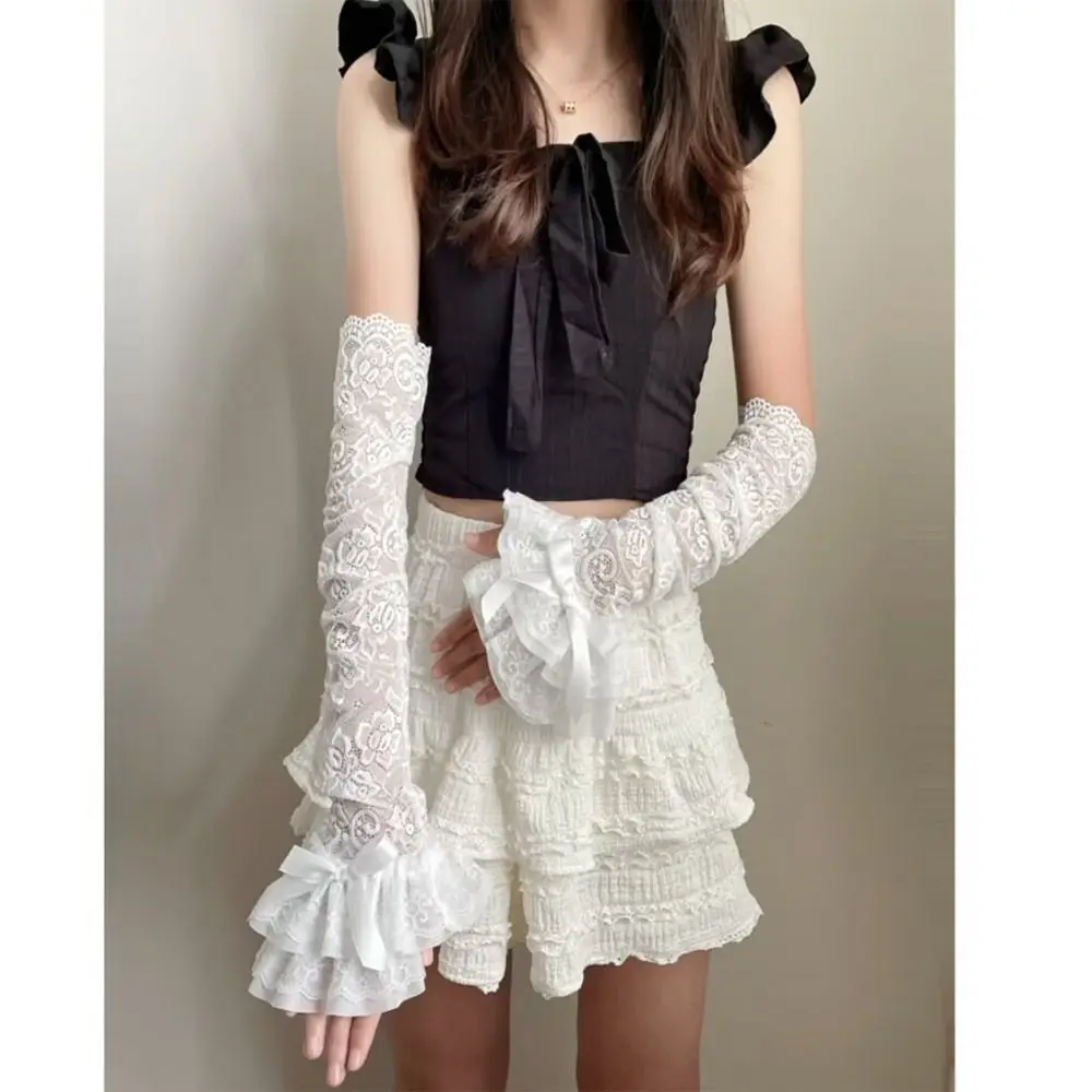 Sommerkleidung Y2K Spitze Schleife Handschuhe UV-Schutz Süße fingerlose Handschuhe Fairycore Style Sheer Mesh Armstulpen für Frauen
