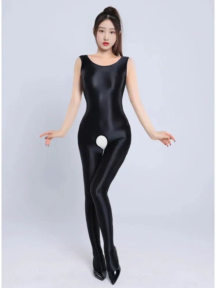 M XL Unisex Sleeveless Tank Catsuit Glossy Shiny Bodystocking Crotchless Open Crotch Bodysuit Tights Sexy Leotard Conjoined Body