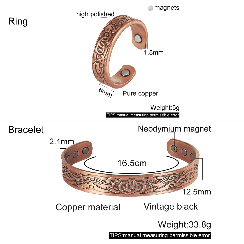 Set di gioielli magnetici in rame puro-Set di gioielli vichinghi per la salute ridimensionabili con anello regolabile Vintage per donna uomo