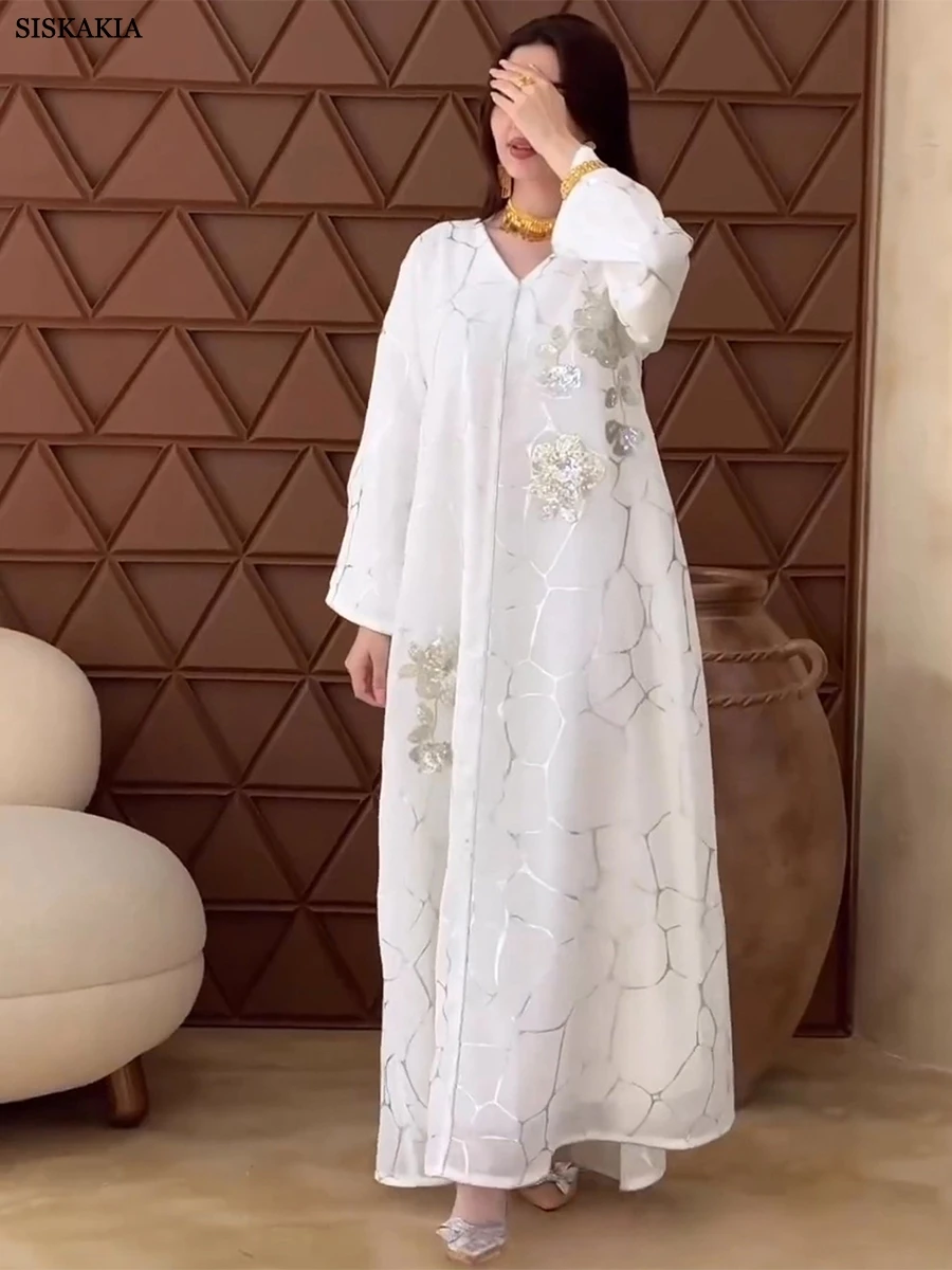 Siskakia Fashion Sequin Gold Stamping Muslim Abaya Dubai Turkey Islam Party Clothes African Dresses For Women Long Dress Kaftan