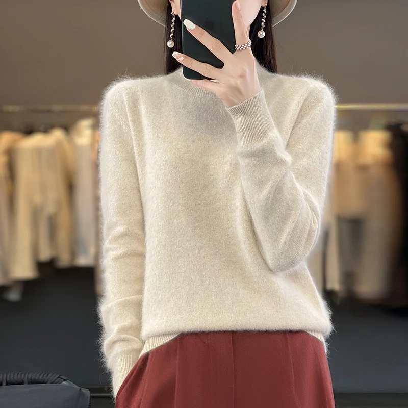 Women's Autumn And Winter New Semi High Neck Long Sleeved Pullover Sweater Mink Fleece Sweater Casual Thick Soft Knit Sweater BE