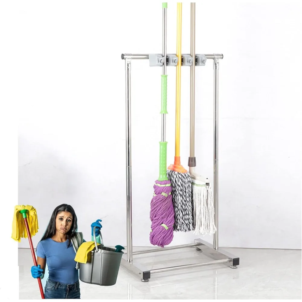 

Держатель для швабры и метлы из нержавеющей стали для влажных швабр, органайзер для чистящих средств коммерческого класса и стеллаж для хранения садовых инструментов
