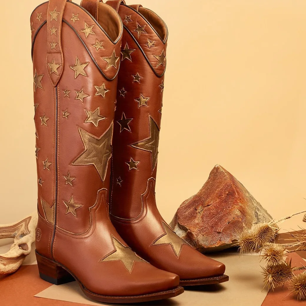 

Star Color Matching Embroidered Knee-High Boots Pointed Toe Versatile Knight Botines Slip-On Square Thick Heel Roman Botas