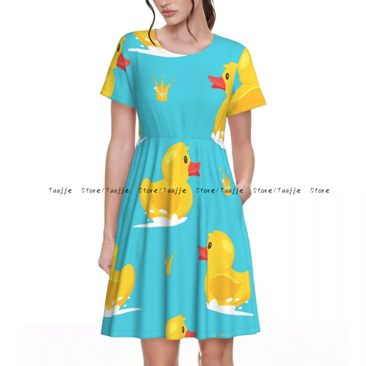 

Summer Cartoon Yellow Duck And Golden Crown Dress Women Casual Round Neck Short Sleeve Dress