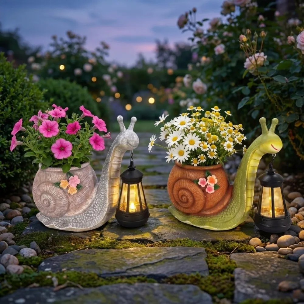 Resin Snail Statue Planter Decorative Eco Plant Pot Resin Decorative Flowerpot Sun Proof with Warm LED Light Garden Vase Outdoor