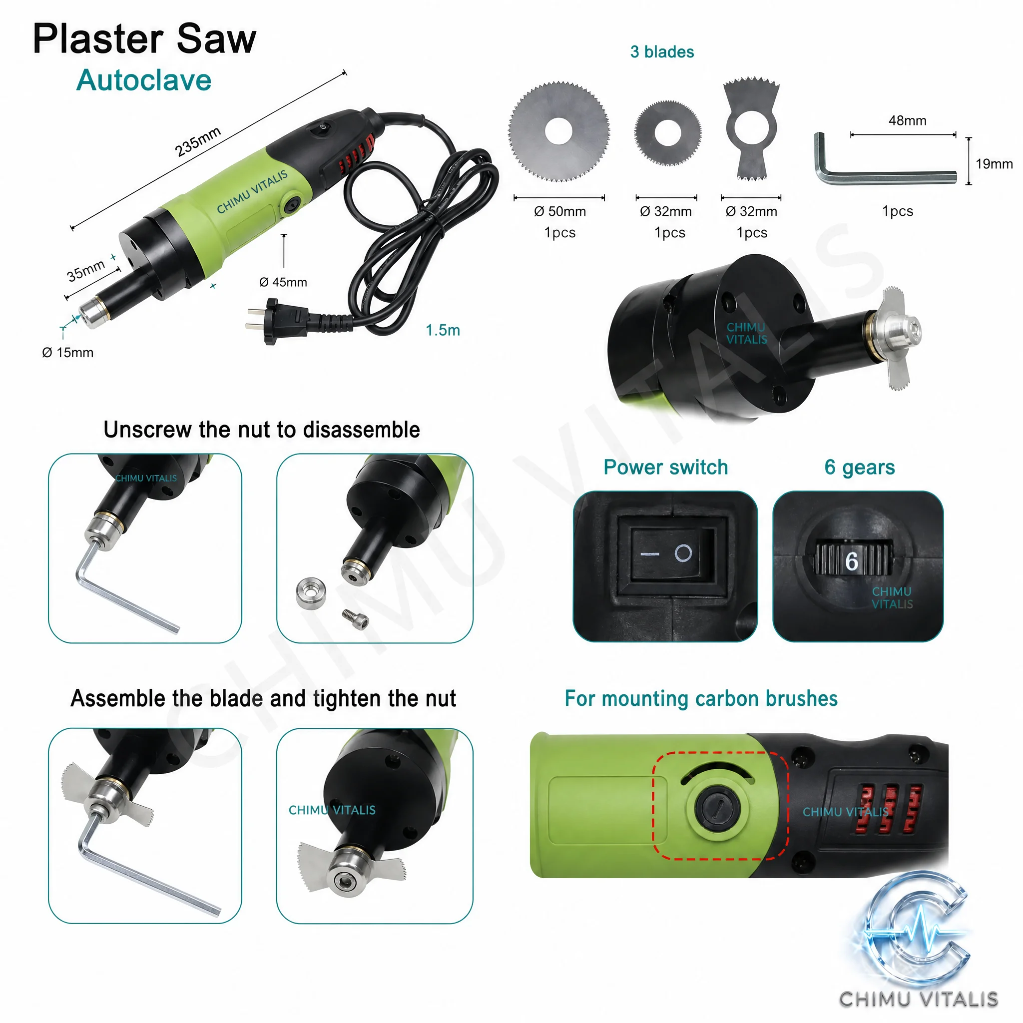 【CHIMU VITALIS】Electric Plaster Saw with 3 Blades, 110V/220V Corded Power Tool