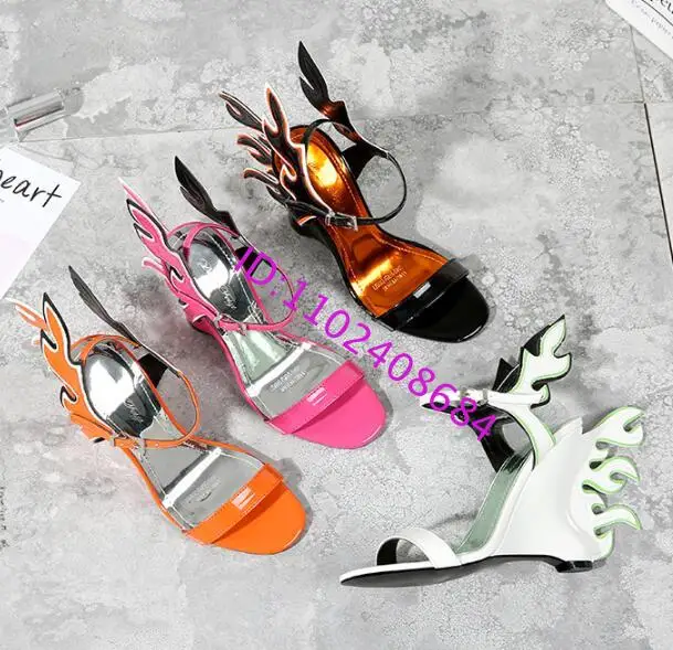 Novel Woman Flame High Wedge Summer Sandal Candy Color Flame Tail Wedge Sandal Woman Buckle High Wedge Sandal Flame Tail Hot Ins