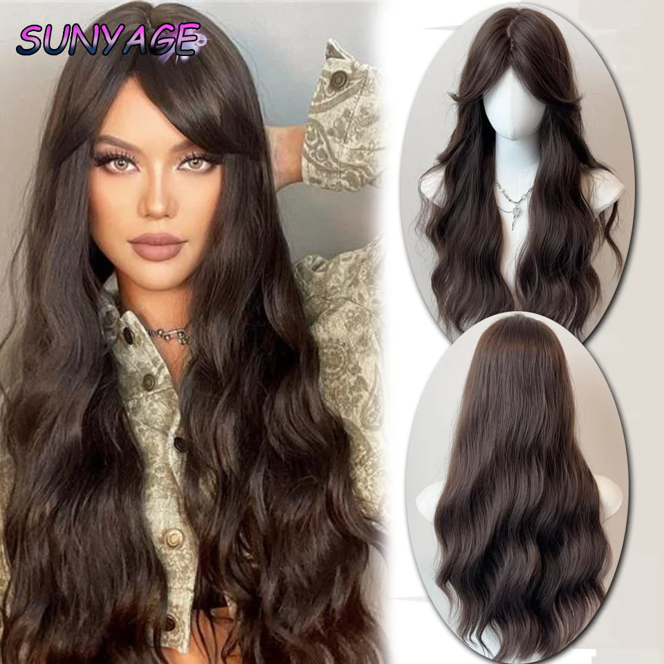 

SUNYAGE Wig for Women Long Wavy Black Brown Wigs Natural Water Ripple Center Parted Eight Curly Hair Soft Hair.for Daily Use