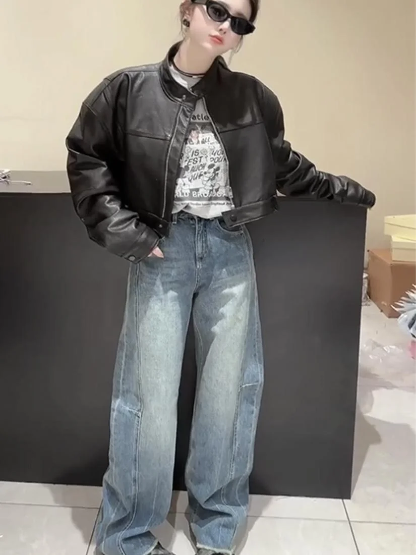 Early Spring 2025 Retro Hong Kong Sle Motorcycle ort Leather Jaet Women's Loose Fit Stand Collar Premium eepskin Coat