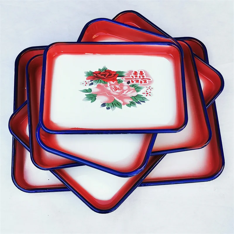 

Vintage Red Enamel Tea Tray Large Rectangular Dish Chinese Style Double Happiness Symbol Household Dining Plate Handmade Craft