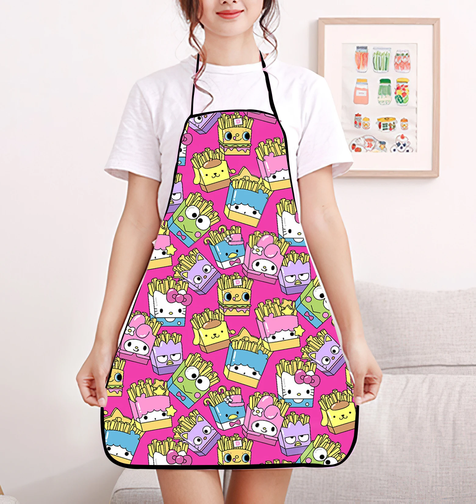 Fashionable Cartoon Print Pattern Bib Apron - Adjustable One Size Design, Durable Polyester Material, Great for Gardening