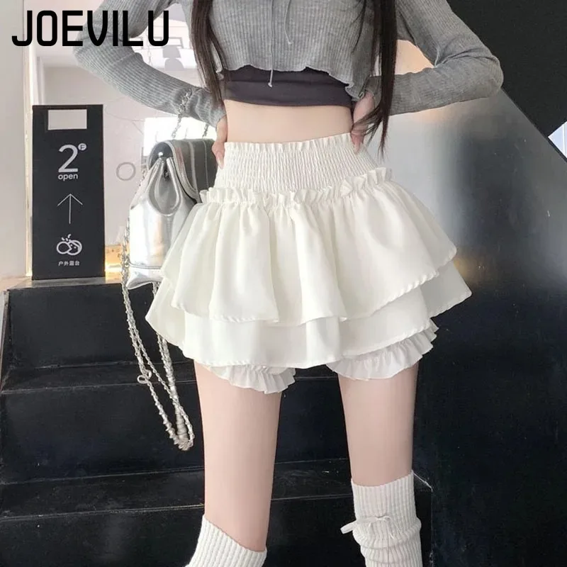 White Preppy Style Skirt Elastic High Waist Folds Design Women Fluffy Cake Skirt Built in Shorts Hottie Ballet Style Mini Skirts