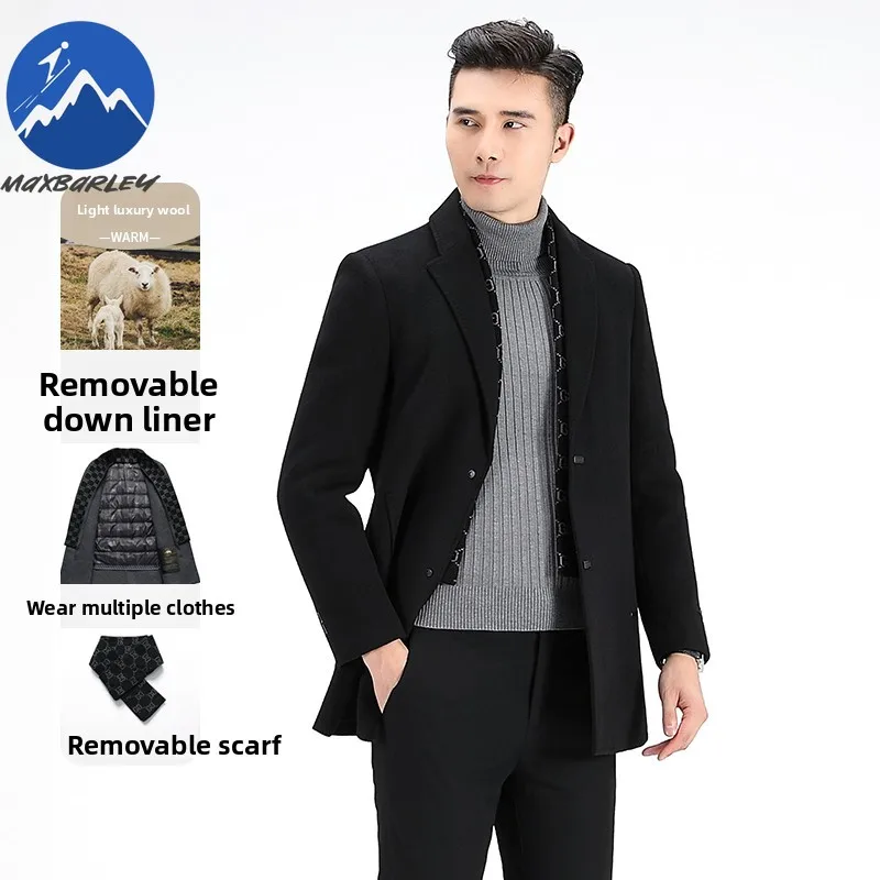 Maxbarley Men Long Down Jacket Lightweight Commute Office Warm Puffer Coat Casual Business Self-cultivation Winter Wool Coat
