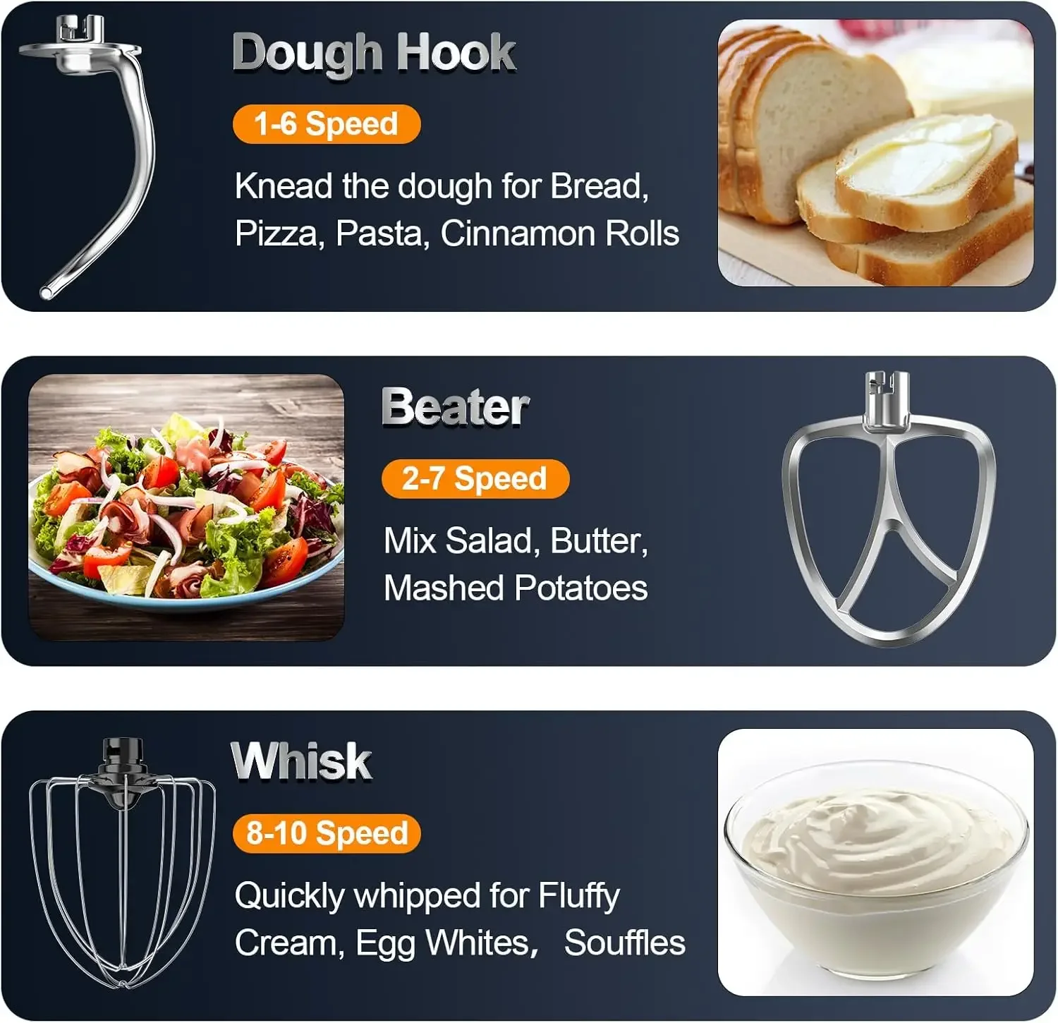 6.5QT 10-Speed 660W เครื่องผสมอาหารแบบตั้งพื้นแบบเอียงหัว, เครื่องผสมอาหาร 3-In-1 พร้อมชาม, ตะขอเกี่ยวแป้ง, ปัดและเครื่องตี, F