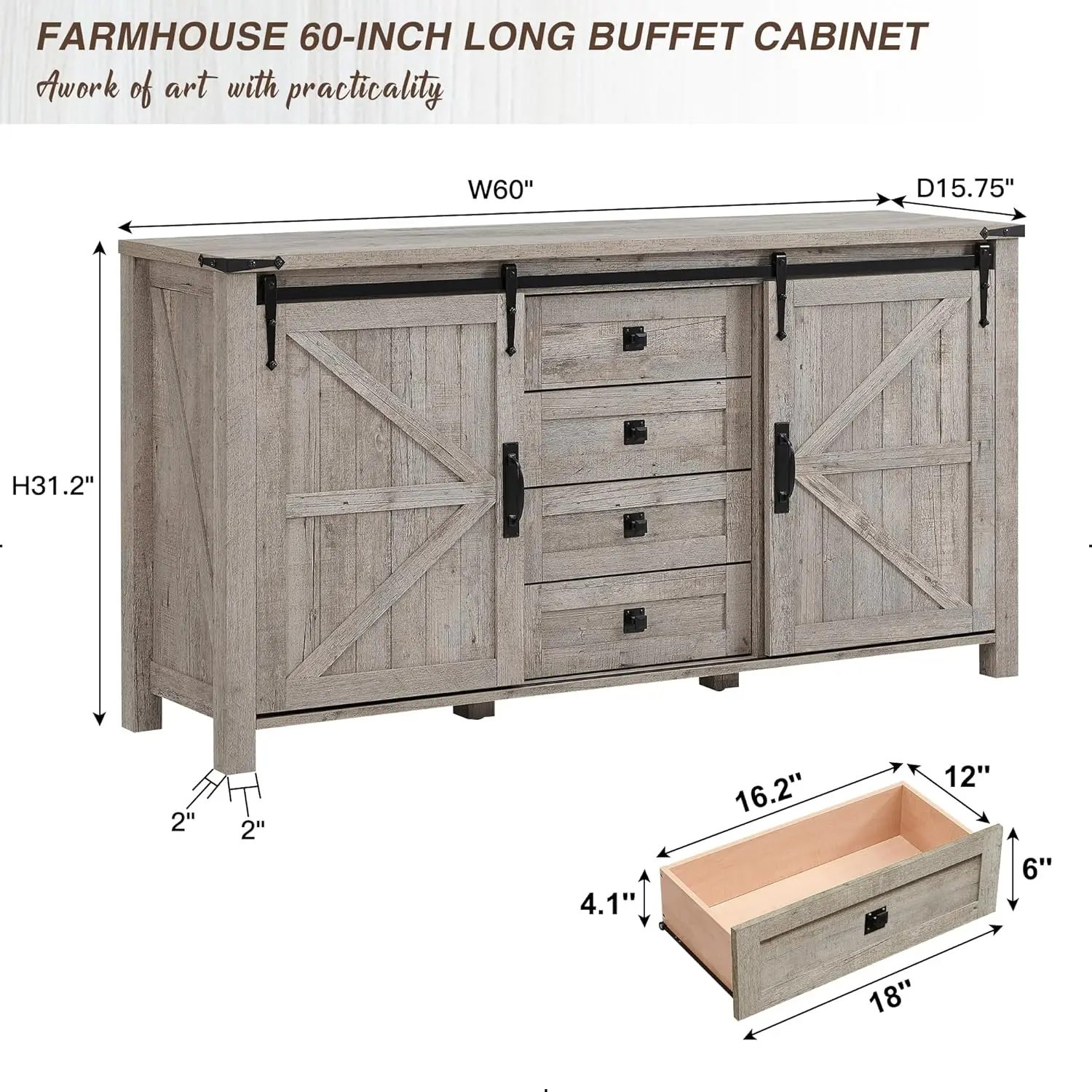 Farmhouse Sideboard Buffet Cabinet with Storage, 60