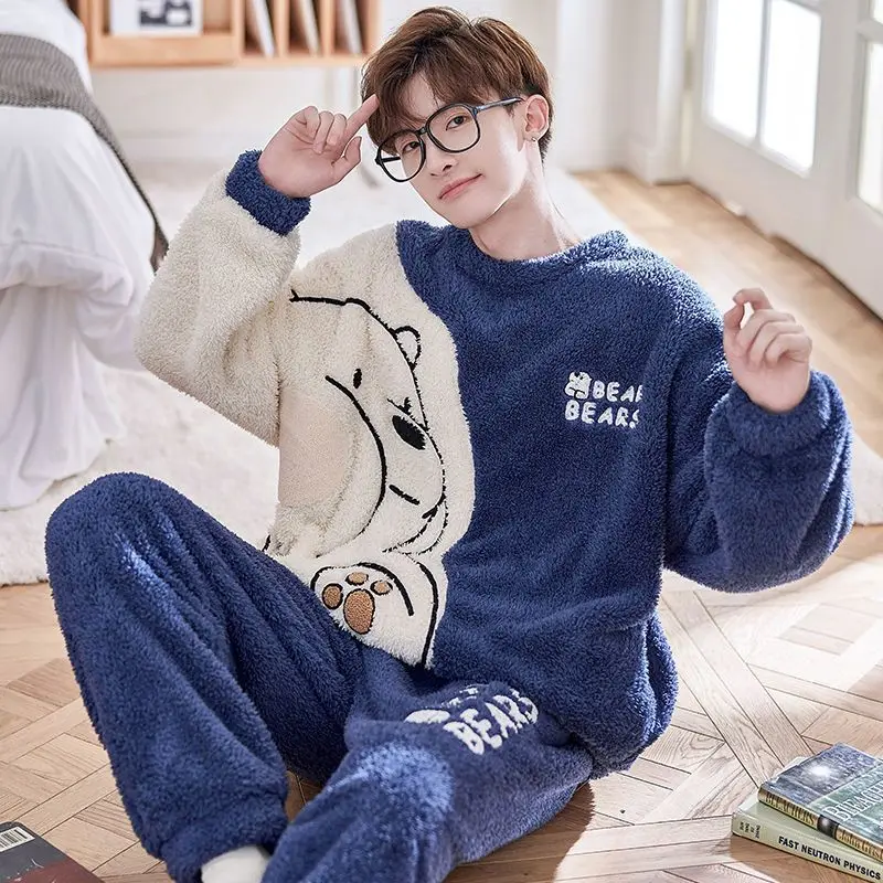 

Autumn Winter Flannel Boy Sleepwear Thermal Velvet Cartoon Print Men's Pajama Sets Casual Pjs Male Loungewear Pyjamas Nightwear