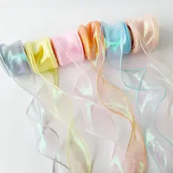 4CM/10Yards Rainbow DIY Wave Edge Silk Organza Ribbon Bow Material Lace Ribbons Hair Ornament Sewing Fabric Clothing Decoration