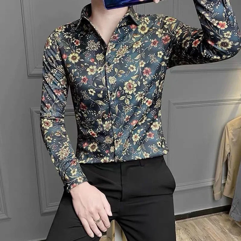 Summer Handsome Retro Loose Casual England Style Men\'s Shirt Irregular Print Polyester Button Lapels Long Sleeve Y2K Chic Tops