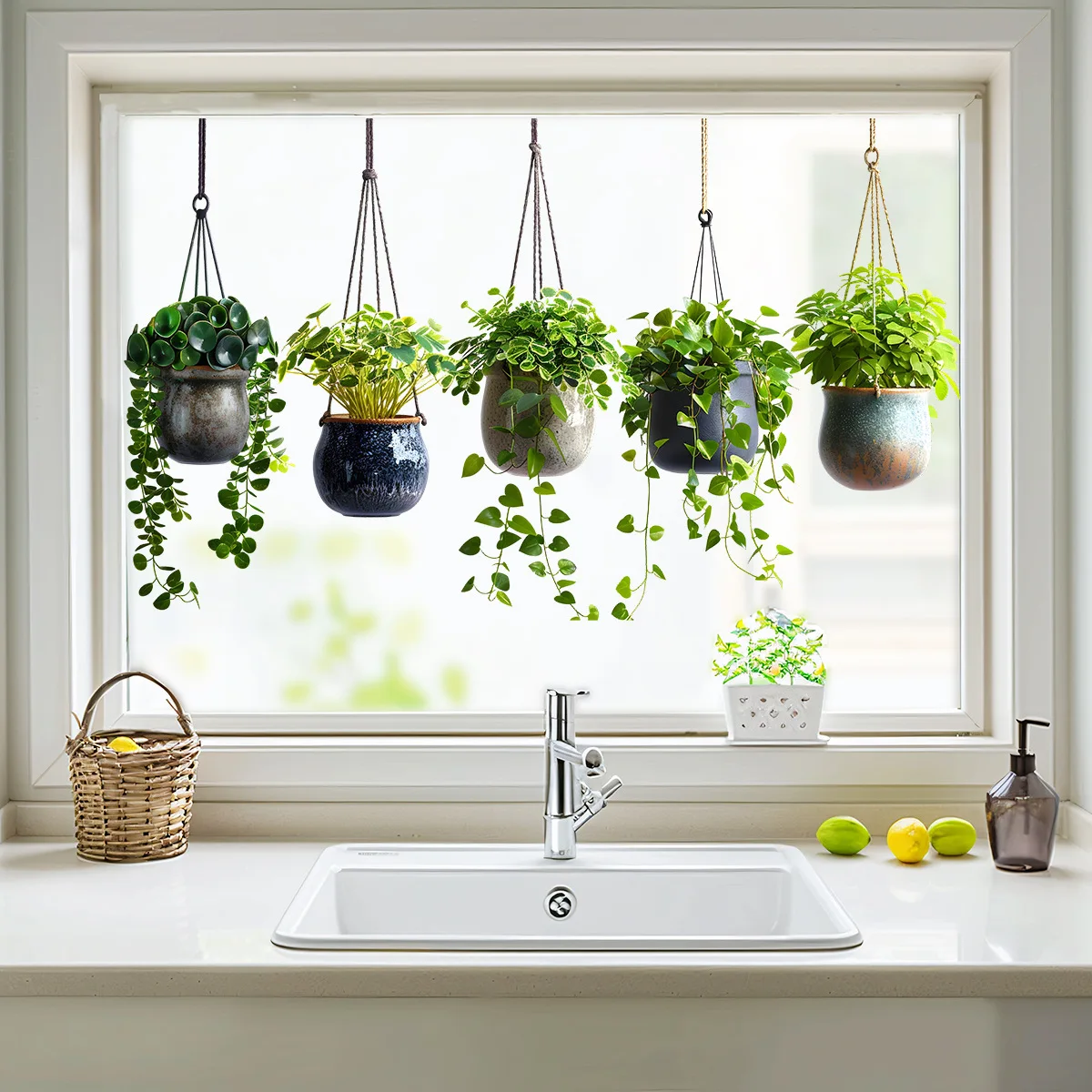 Hanging Green Potted Plant Window Clings, Tropical Botanical Glass Stickers, Removable Bonsai Decals for Bedroom Livingroom Offi