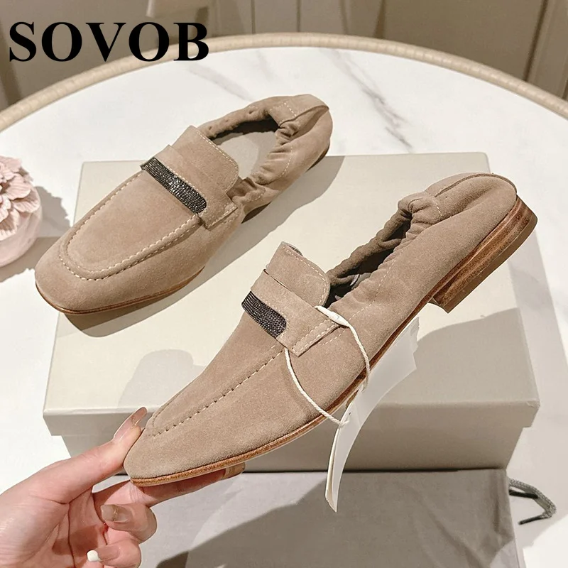 New Spring Autumn Vintage Beaded Decorative Flat Shoes Women Elastic Mouth Round Toe Loafers Casual Bean Shoes Driving Shoes