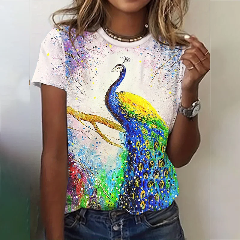 New Women's Round Neck Short Sleeve T-shirt Printed 3D Beautiful Peacock Summer Casual Breathable Refreshing Top Short Sleeve