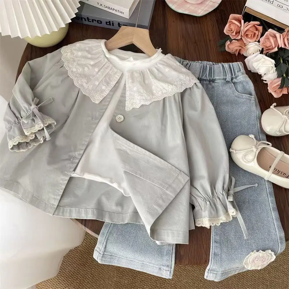 2026 Spring and Autumn New Fall Girls Lace Ruffle Collar Bow Mid Length Trench Coat Baby Stylish Top Kids