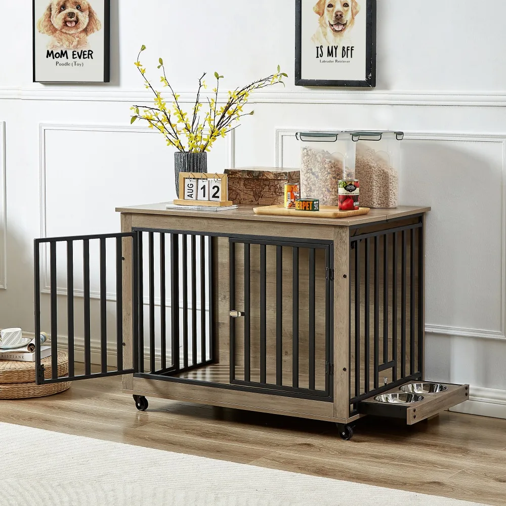 

Furniture Style Dog Crate Side Table With Feeding Bowl, Wheels, Flip-Up Top Opening. Indoor, Grey, 38.58"W x 25.2"D x 27.17"H