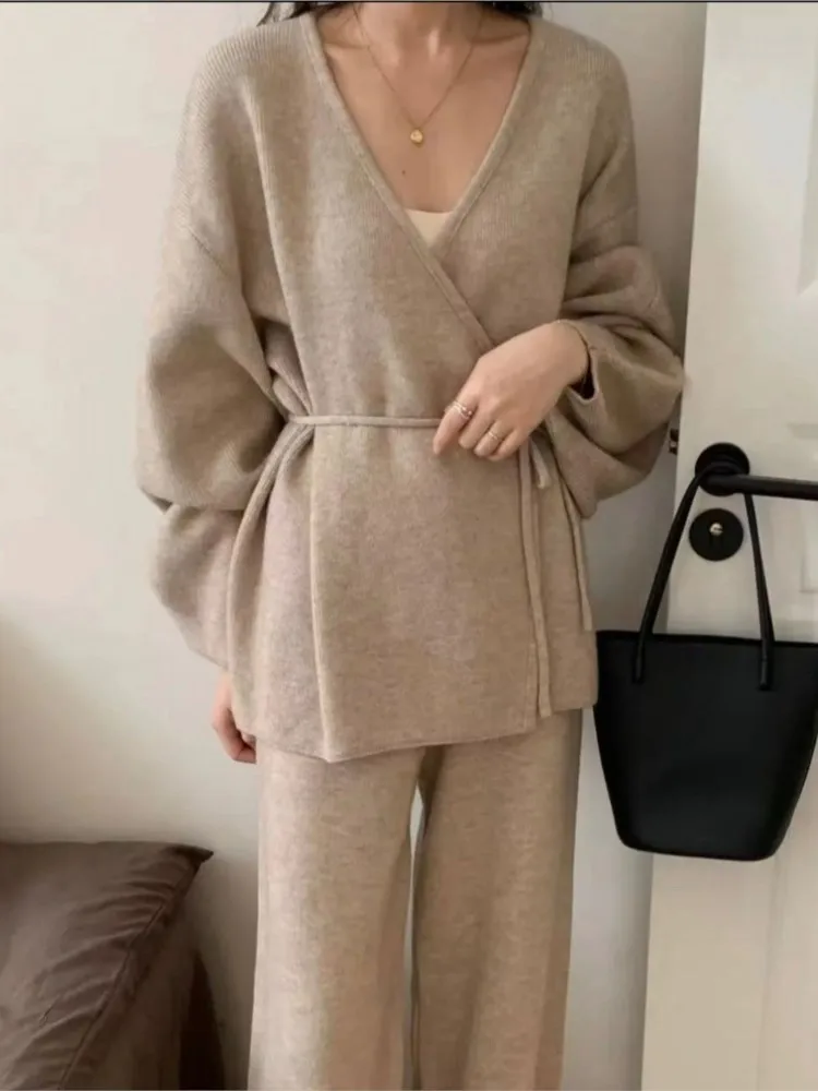 Fashion V-neck Long Sleeve Drawstring Sweater Cardigan And Wide Leg Trousers Casual Women Knitted Two Piece Set Outfits Autumn