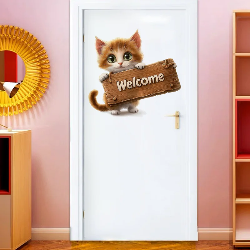 

Cartoon Cute Cats “Welcome” Door Sticker, Self-Adhesive Nursery Kids Room Wall Decor Home Decoration Vinyl Decal