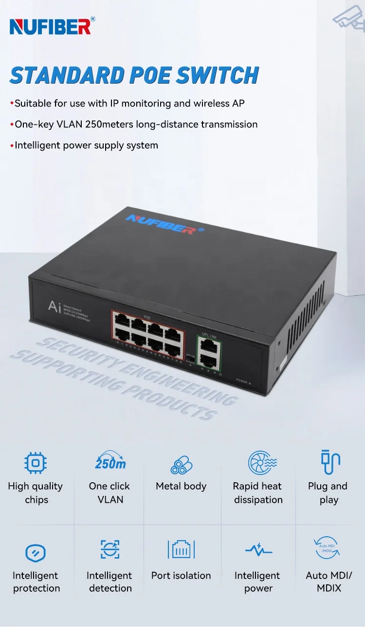 24V Nonstandard Network Switch 2*100Mbps UTP Port With 8*100Mbps POE Switch With DC24V Active POE Switch