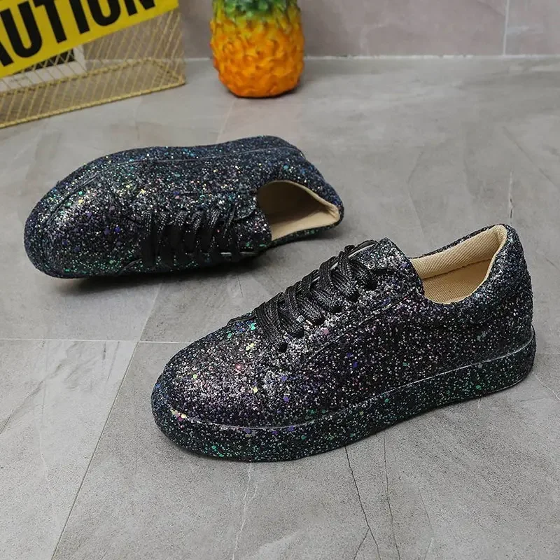 Women Glitter Flat Sneakers Casual Female Shoes Shiny Lace Up Bling Platform Sneakers Breathable Plus Size Vulcanized Shoes