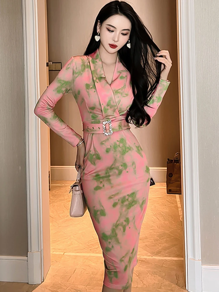 Spring Fashion Elegant Women\'s Midi Dresses 2023 Print Slim Bodycon Dress Long Sleeve Belt Slit Robe Office Party Femme Clothes