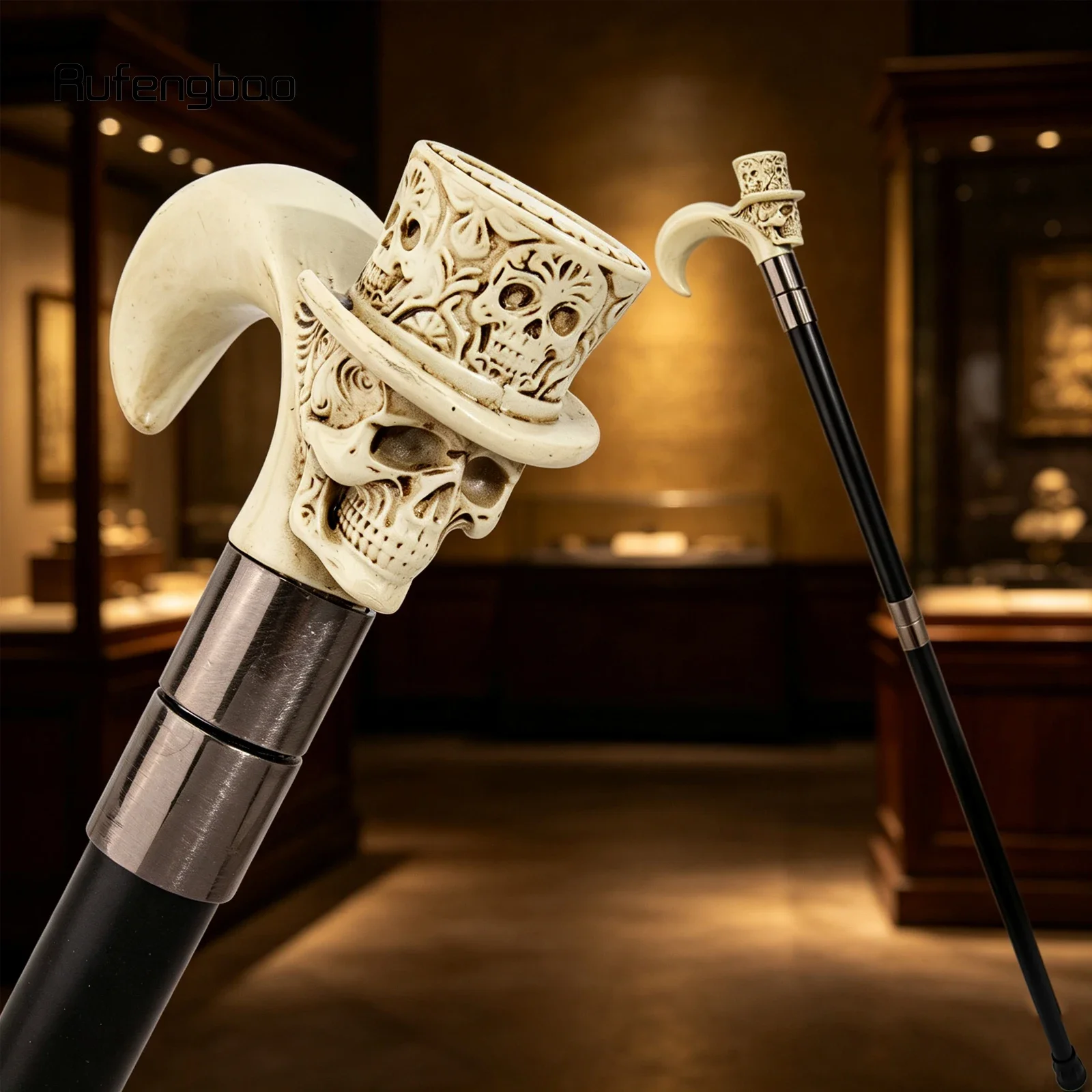 White Hat Skull Head Long Handle Walking Cane Fashion Cane Decorative Cane Halloween for Cosplay Parties Walking Stick 93cm