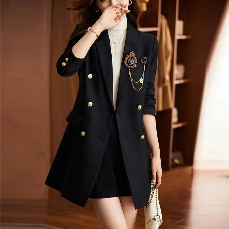 

Женский приталенный повседневный двубортный пиджак Ele Bla Midi из полиэстера, однотонный, для офиса