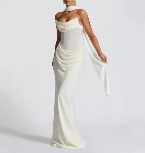 

Dress 2025 Summer New Women's Fashionable and Sexy Sleeveless Strapless Pure Ribbon Glove Wrinkled Bag Hip Dress Women's Wear