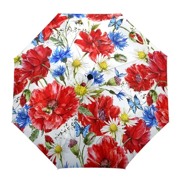 Poppy Cornflower Flower Rain Umbrella Folding Sun Umbrella Outdoor Sunscreen Anti-UV Umbrella Women Men Umbrella