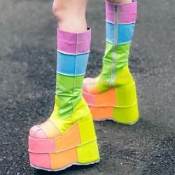 Rainbow Knee High Boots Platform Sweet Fashion Novelty Sexy Genuine Leather Mixed Color Round Toe Wedges Women Shoes New Zippers