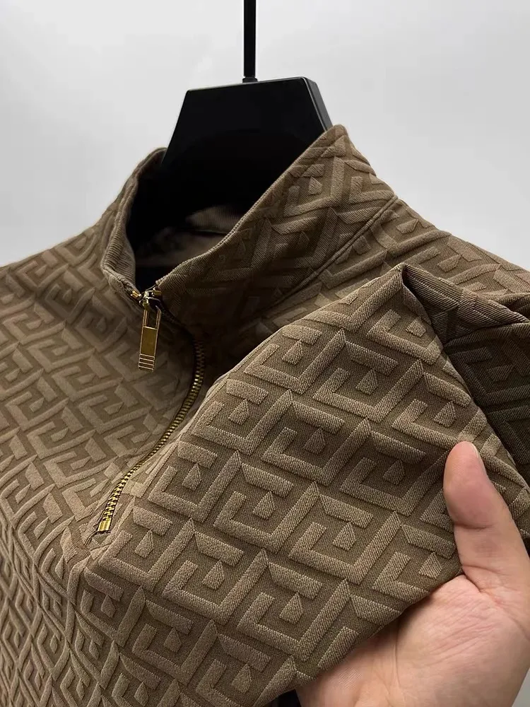 

High end brand fashion jacquard retro sweater for men's 2025 spring autumn new casual trend half zipper standing collar pullover