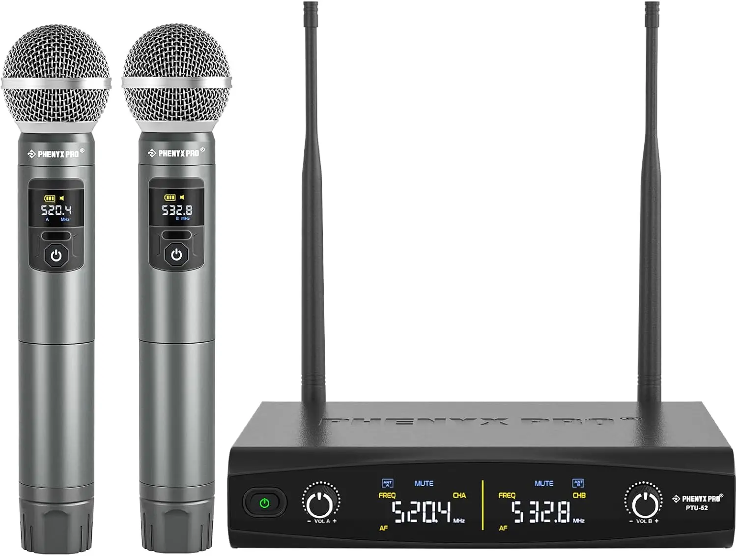 Wireless Microphone System, 2 Handheld Dynamic Mics, 30 UHF Frequencies, 200ft Range for Karaoke, Church, Events