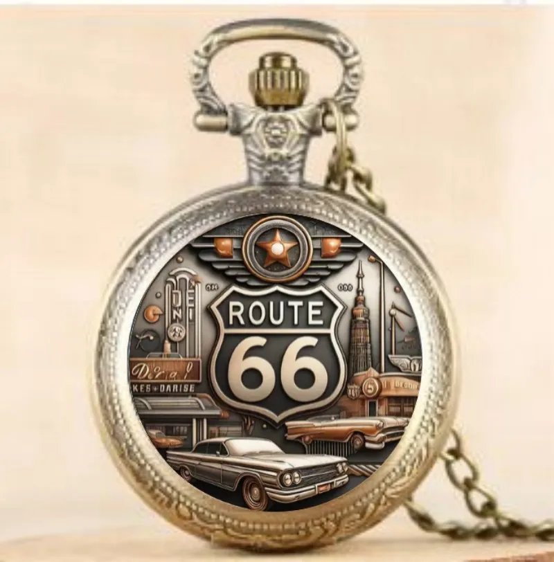 Vintage Route 66 Pattern Pocket Watch,Men's Fashion Quartz Necklace Pendant, World Time Display, Round Dial, Electronic Movement