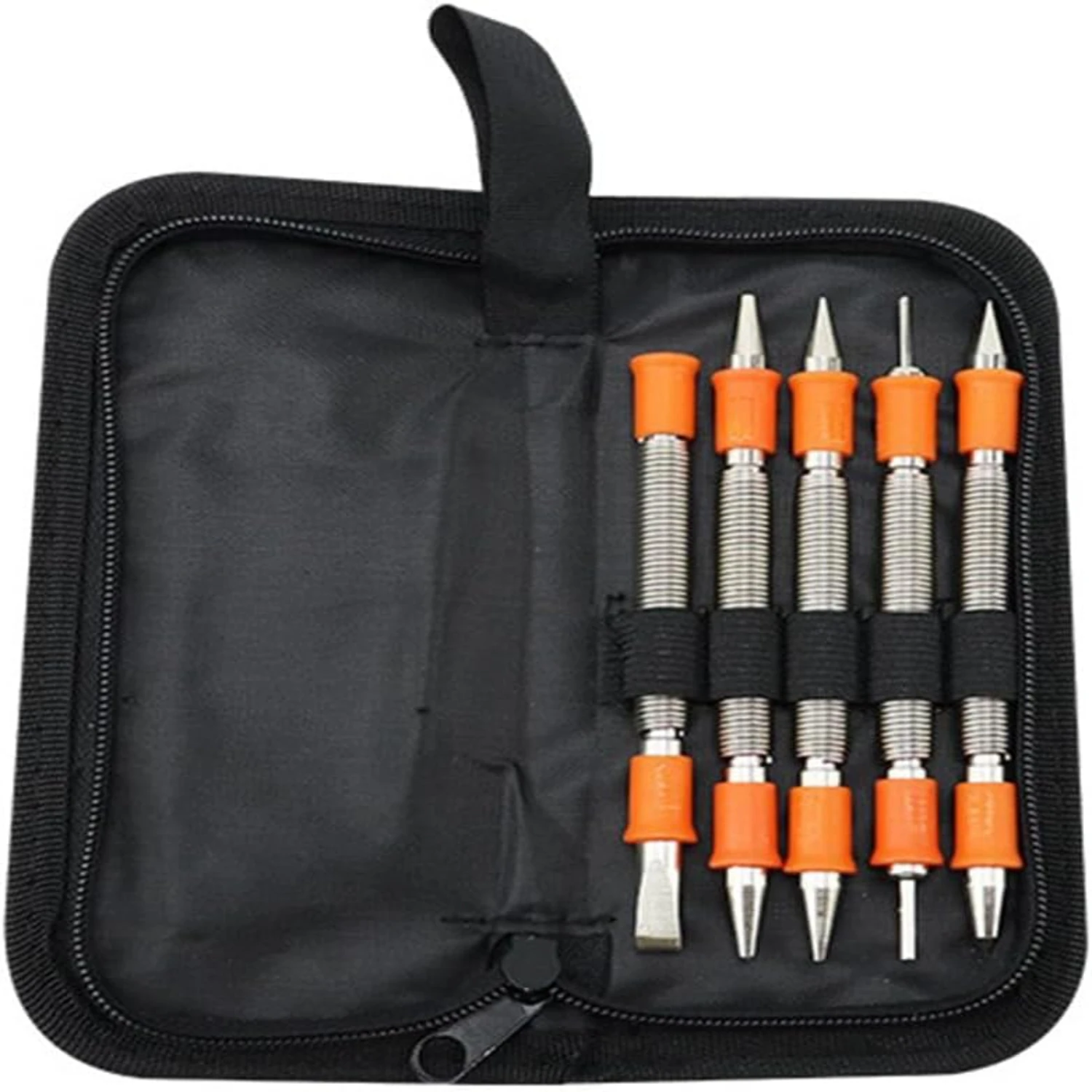 Easy-to-Use and Durable 5-Piece Metal Working Set featuring a Dual Head Combo Nail Setter, Dual Head Center, and Hinge Pin Remov