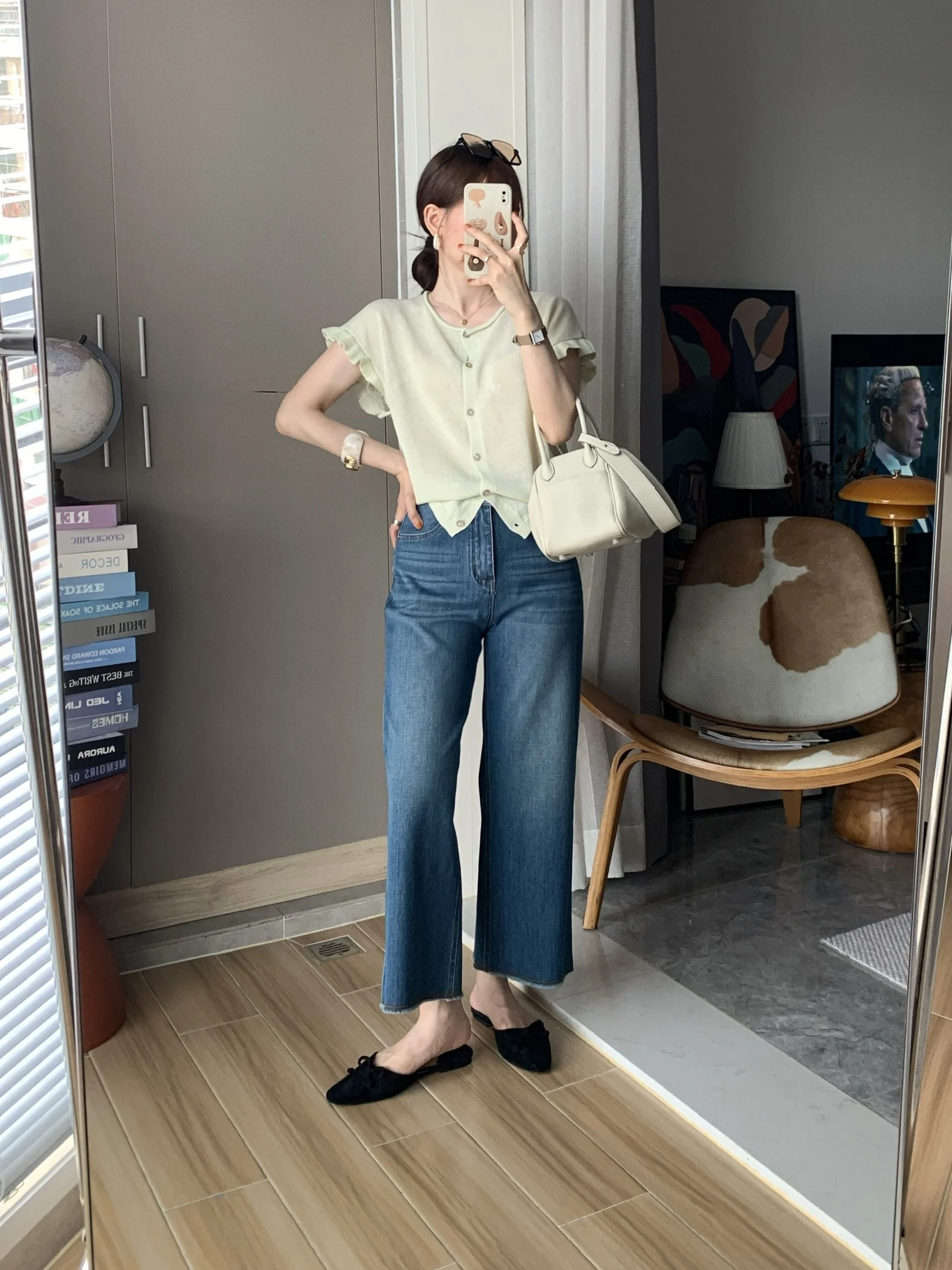 

Miss White Bellflower Summer Korean Style Four-Way Stretch Frayed Hem Nine-Leg Wide Leg Jeans Women's Small Size Straight Leg...