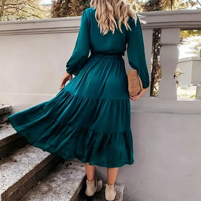 Vestido informal con dobladillo y volantes para mujer, vestido con cordones y cuello de solapa Vintage, bata lisa de primavera, novedad de otoño, vestido camisero Maxi de manga larga