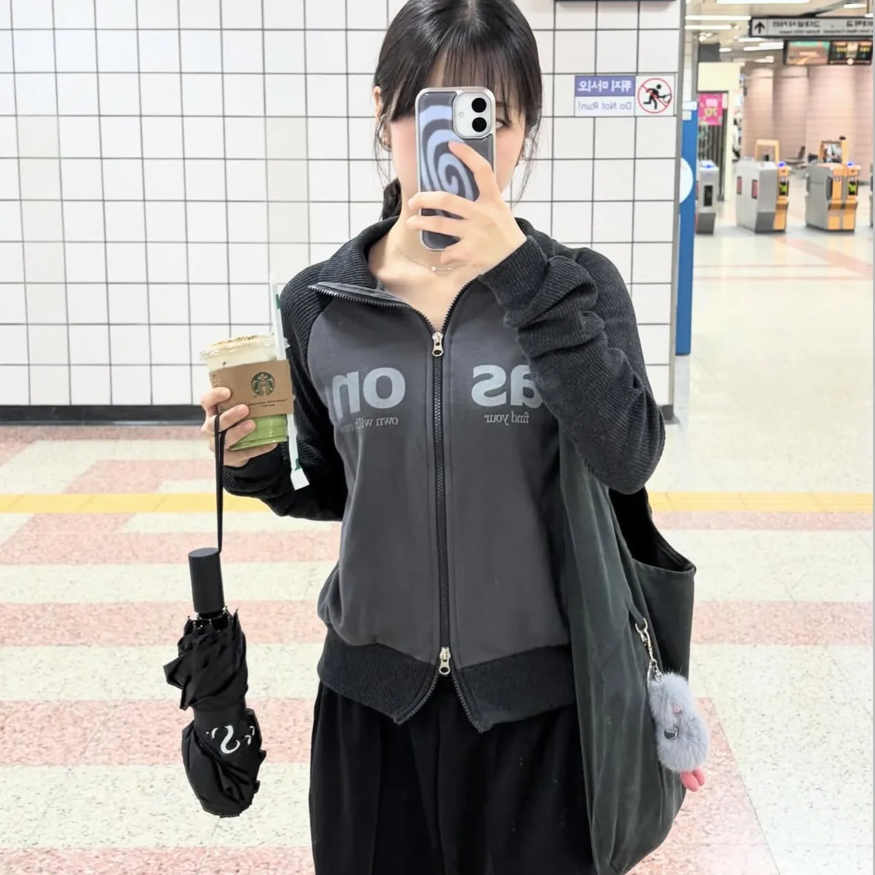 

Korean Sle Zipper Long Sve Print oulder Insert Cardigan Stand Collar Jaet Women's Slim Fit Faion Outerwear