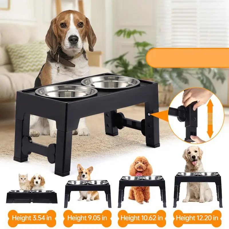

5 Height Adjustable Elevated Dog Feeder Collapsible Plastic Rack Food Water Bowls for Small Medium Large Dogs Pet Products