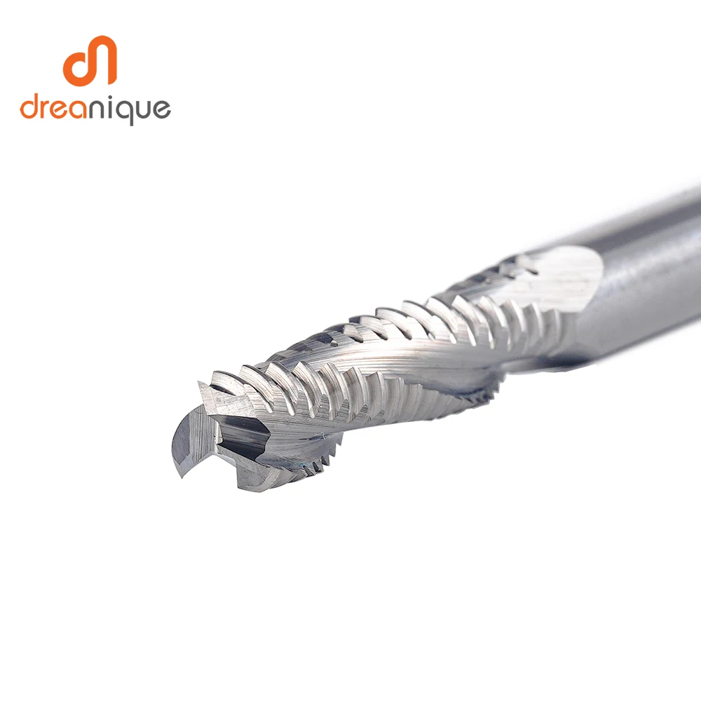 Dreanique 1pc 3 Flutes Solid Carbide Roughing Milling Cutter 4mm-12mm Shank Woodworking Sloting CNC Roughing Spiral Bit End Mill